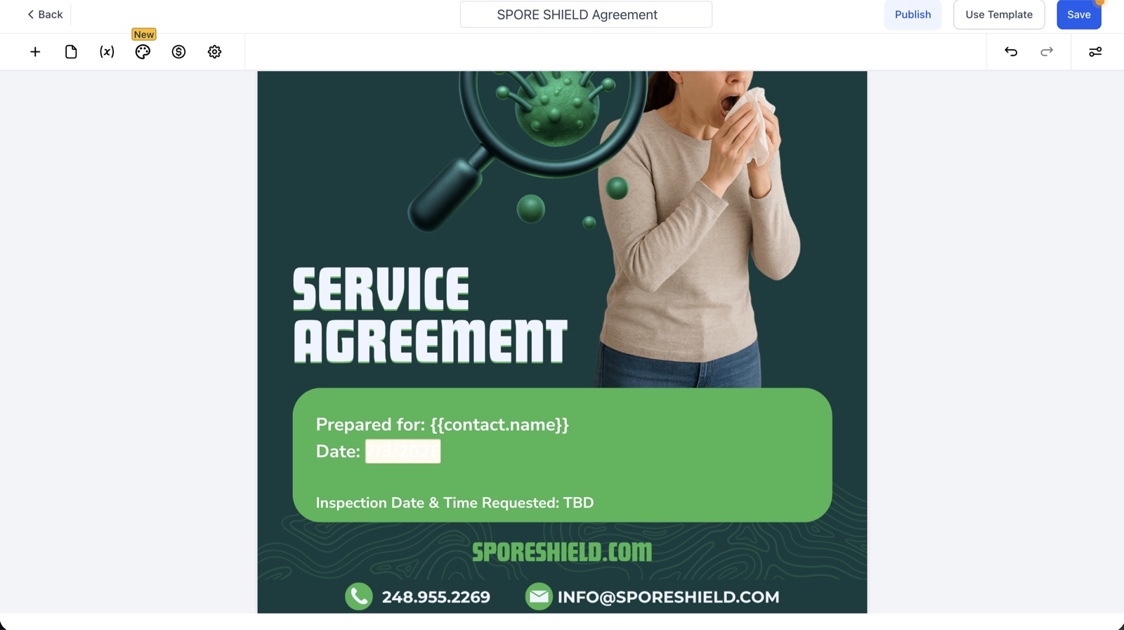 Branded service agreement being built in the document editor