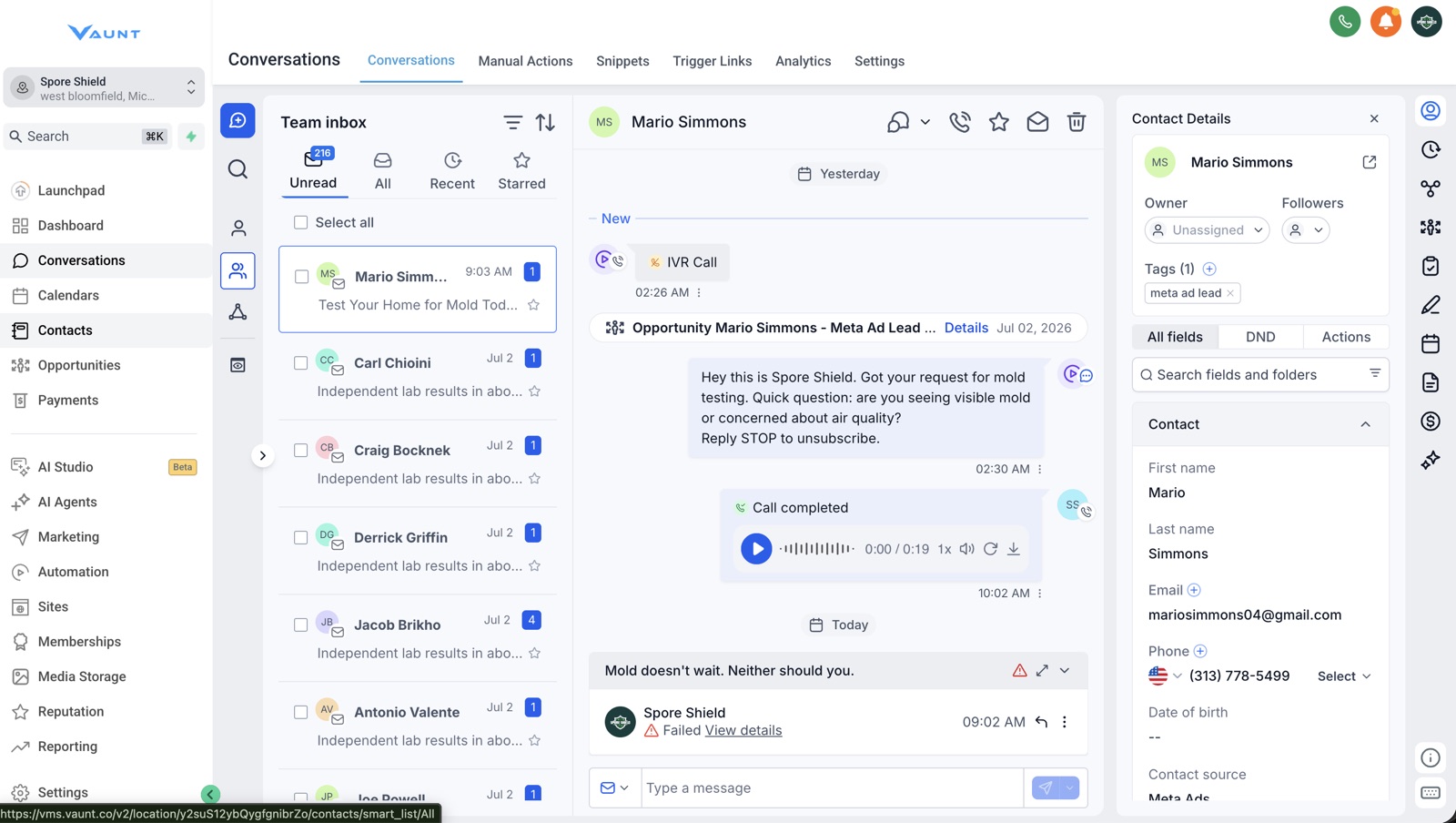 Unified team inbox showing SMS, calls, and email threads in one view