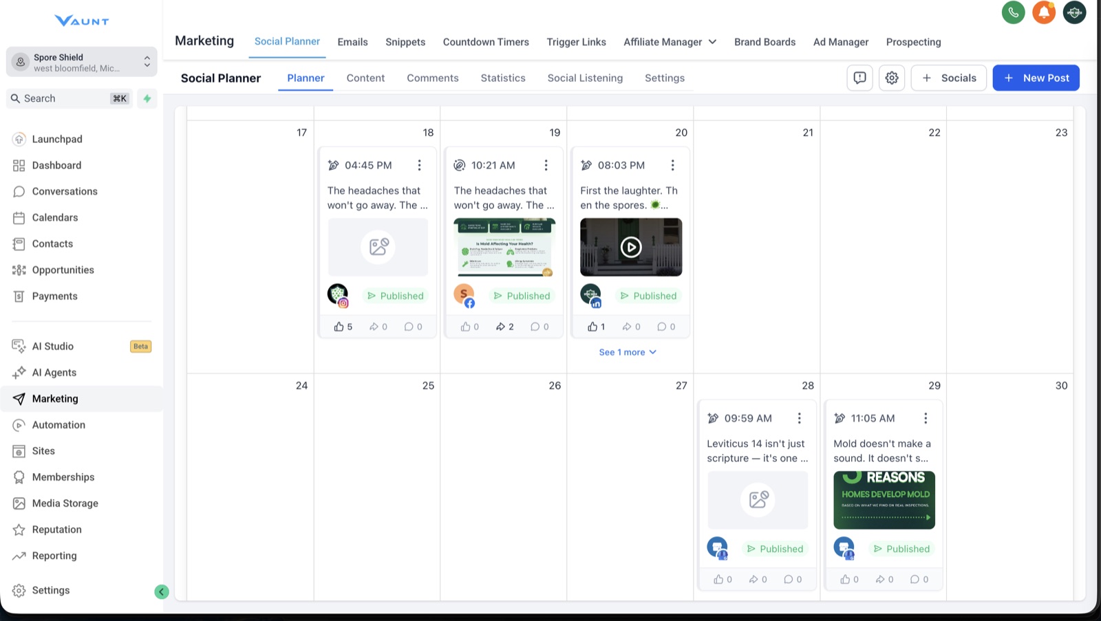 Social planner calendar with scheduled and published posts across platforms