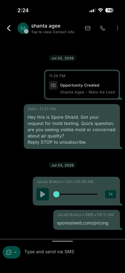 Mobile conversation thread with a lead — SMS, call recording, and opportunity activity