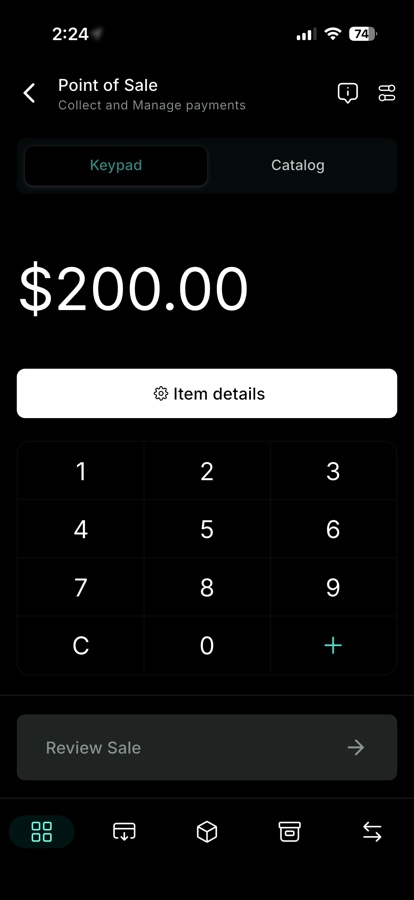 Mobile point-of-sale keypad collecting a $200 payment