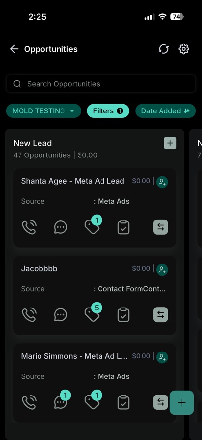 Mobile opportunities pipeline with lead cards and quick actions